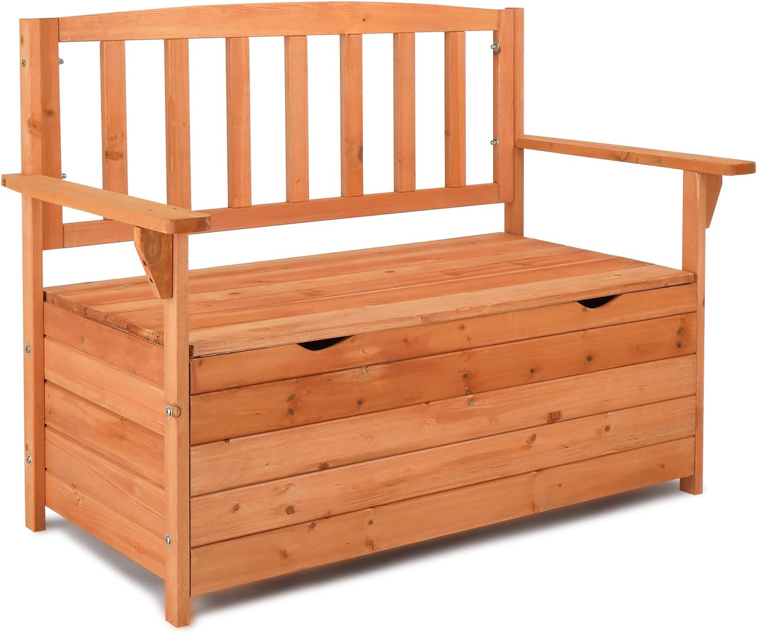 Cedar Outdoor Storage Bench with Backrest & Armrest, 44" x 22.8" x 33.1" Bright Orange Red Patio Deck Box with 440lbs Weight Capacity, Waterproof Outdoor Storage Seat