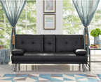 Naomi Home Compact Convertible Futon Sofa Bed – Modern Faux Leather Sleeper Couch for Small Spaces, Apartments & Dorms – Adjustable Lounger with Cup Holders & Removable Armrests, Black