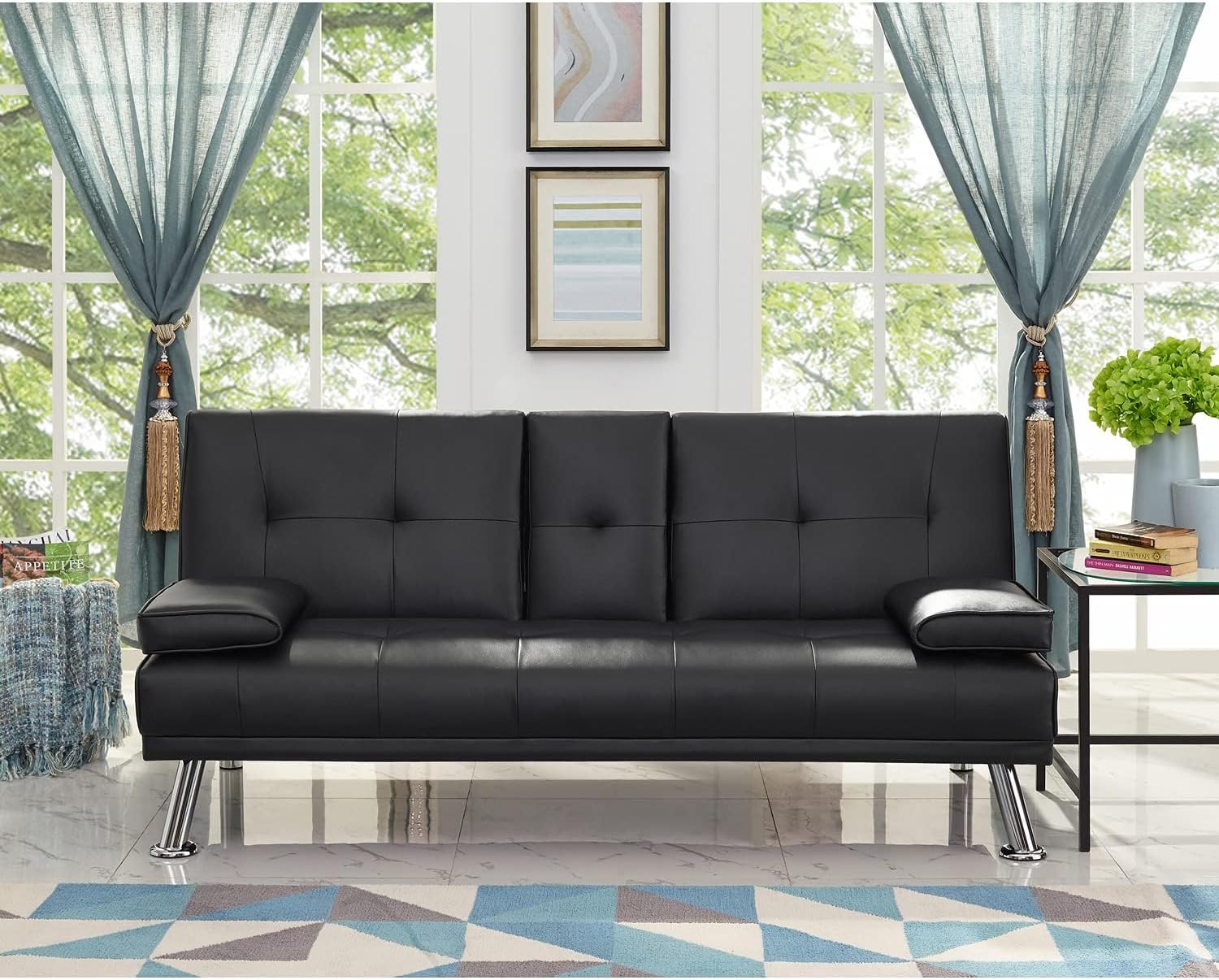 Naomi Home Compact Convertible Futon Sofa Bed – Modern Faux Leather Sleeper Couch for Small Spaces, Apartments & Dorms – Adjustable Lounger with Cup Holders & Removable Armrests, Black