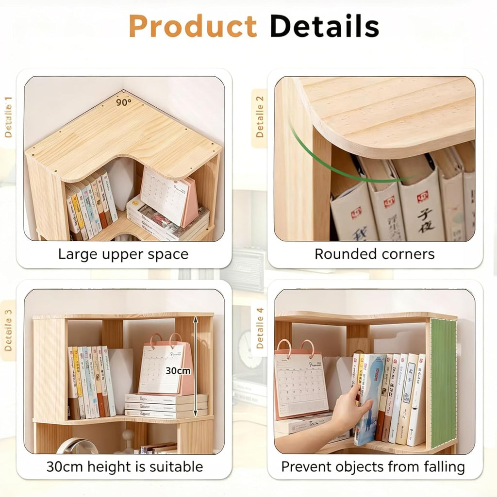 Corner Book Shelf, 6-Shelf Corner Bookcase with Baffle, Wooden Bookshelf with Open Storage, L Shaped Shelves for Small Spaces, Living Room, Home Office, Bedroom, Kitchen, Natural (6-Tier-1)