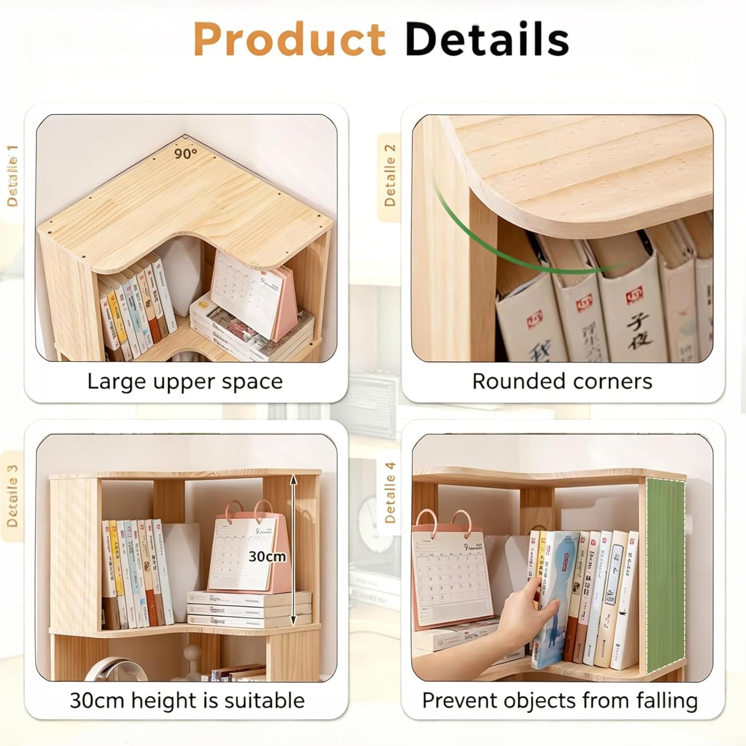 Corner Book Shelf, 6-Shelf Corner Bookcase with Baffle, Wooden Bookshelf with Open Storage, L Shaped Shelves for Small Spaces, Living Room, Home Office, Bedroom, Kitchen, Natural (6-Tier-1)