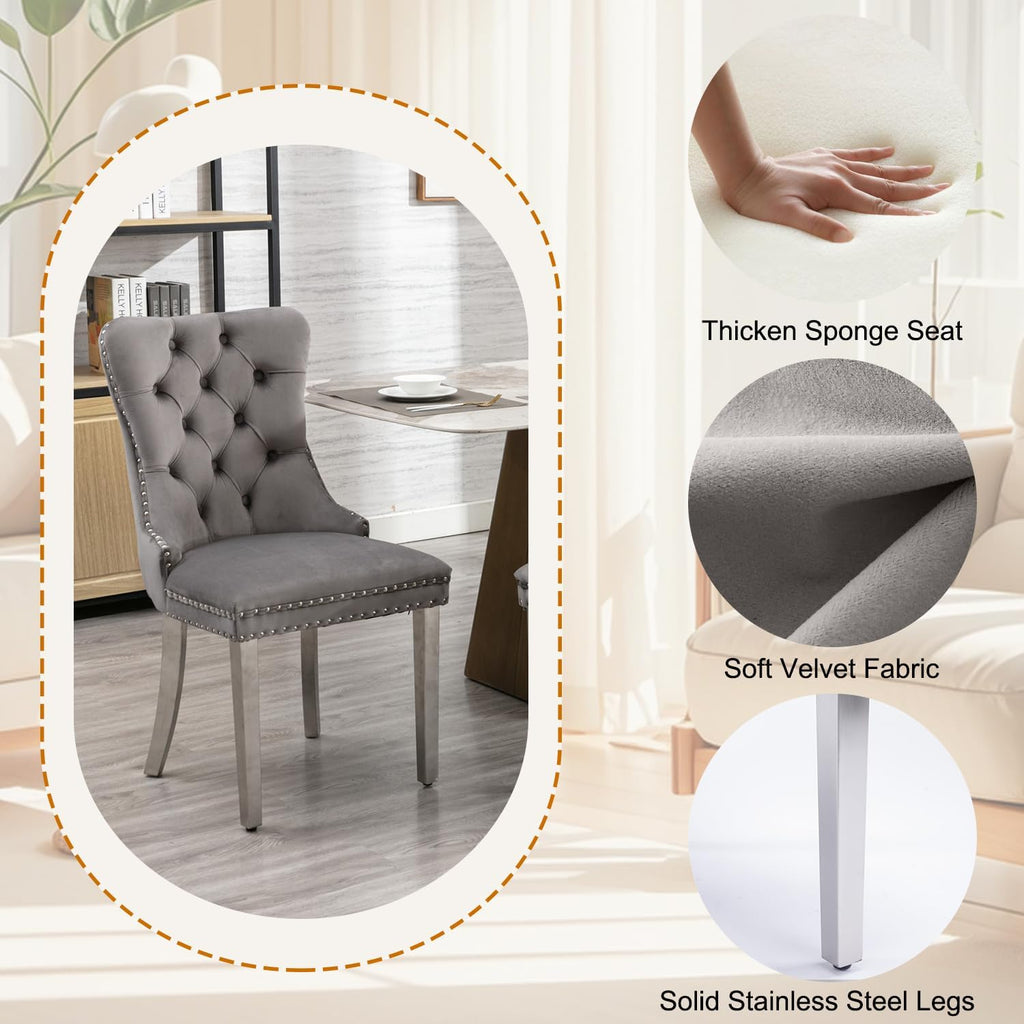 5-Piece White Marble Round Dining Table Set for 4, Modern Faux Marble Kitchen Table Set for 4 with Grey Tufted Chair,Circle White Silver Dinner Tables with American-Style Pedestal Base