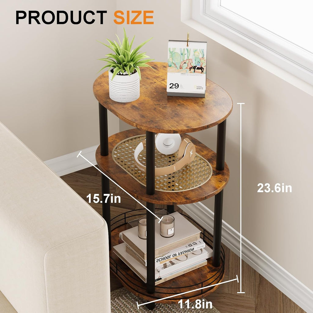 Small Rattan Side Table with Storage, 3 Tier Round/Oval End Table with Rattan Shelf, Boho Nightstand, Tool Free Assembly/Screw-Hole Free Tabletop-Living Room Bedroom-Brown