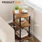 Small Rattan Side Table with Storage, 3 Tier Round/Oval End Table with Rattan Shelf, Boho Nightstand, Tool Free Assembly/Screw-Hole Free Tabletop-Living Room Bedroom-Brown