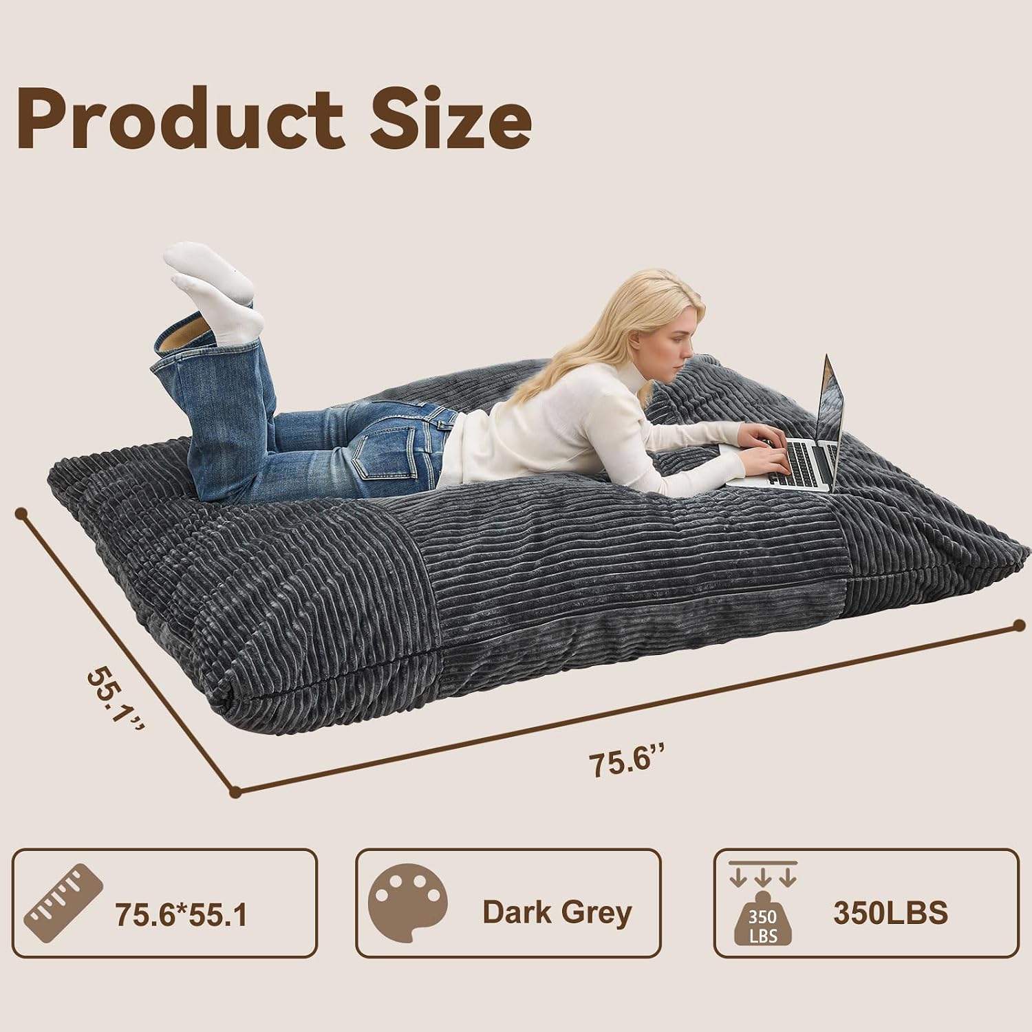 3 in 1 Giant Bean Bag Chair for Adults & Kids, Floor Futon Mattress, Couch & Floor Cushion, Comfy Reading Lounge Sofa, Soft Corduroy Washable Cover for Bedroom, Living Room & Dorm, Black