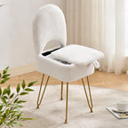 Gitrah White Vanity Chair with Storage, Folding Back Faux Fur Vanity Stool, Makeup Ottoman with Gold Legs for Bedroom/Bathroom
