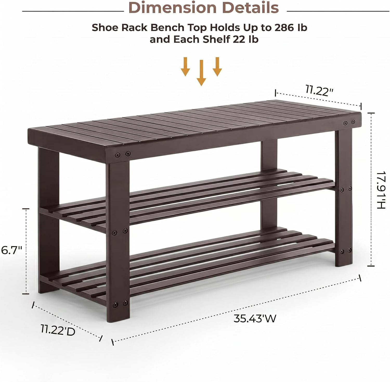 Bamboo Shoe Bench, 3-Tier Shoe Organizer Holds Up to 286 lb, Entryway Bench with Shoe Storage Suitable for Closet & Living Room, 11.22 x 35.43 x 17.91, Espresso Brown