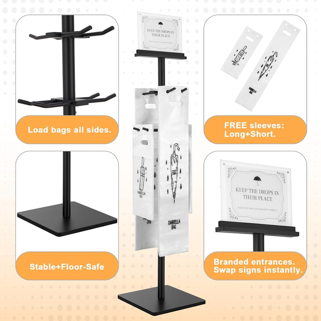 Wet Umbrella Bag Stand with 400 Bags, Dual Size Disposable Bags | Metal Holders for Magnetic Signs, Commercial Wet Bag Wrapper Holder Indoor Entryway