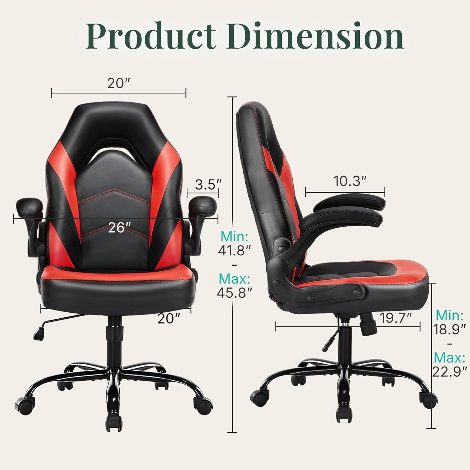 Ergonomic Computer Gaming Chair with Flip-up Armrest, Height Adjustable PU Leather Home Office Desk Chair with Lumbar Support Swivel Wheels and for Adults and Kids, Scarlet Red