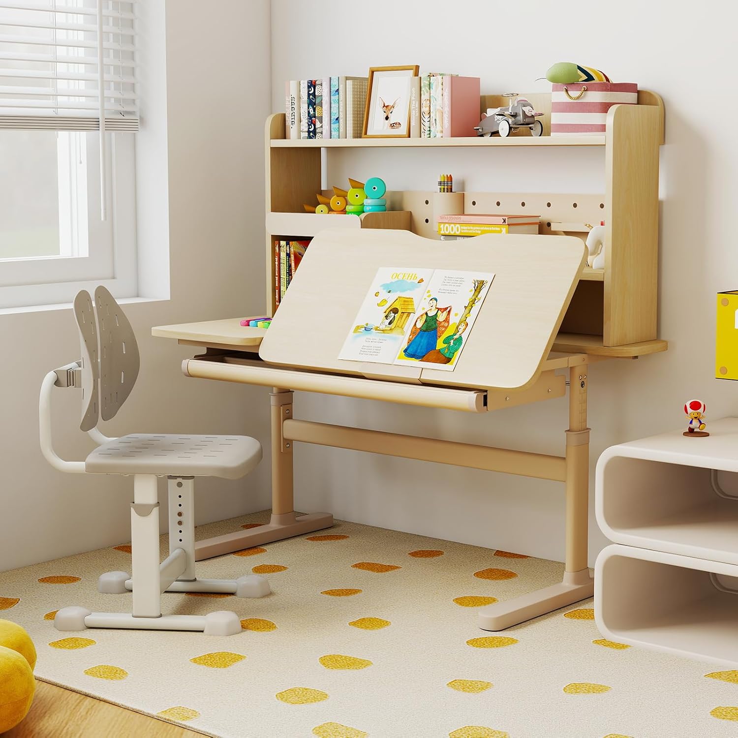Costzon Kids Desk, Height Adjustable Student Table w/Tilt Desktop, Retractable Book Stand, Hutch, Drawer, Pen Holder, Tray & Scale Ruler, Children Study Desk for Reading Writing Drawing