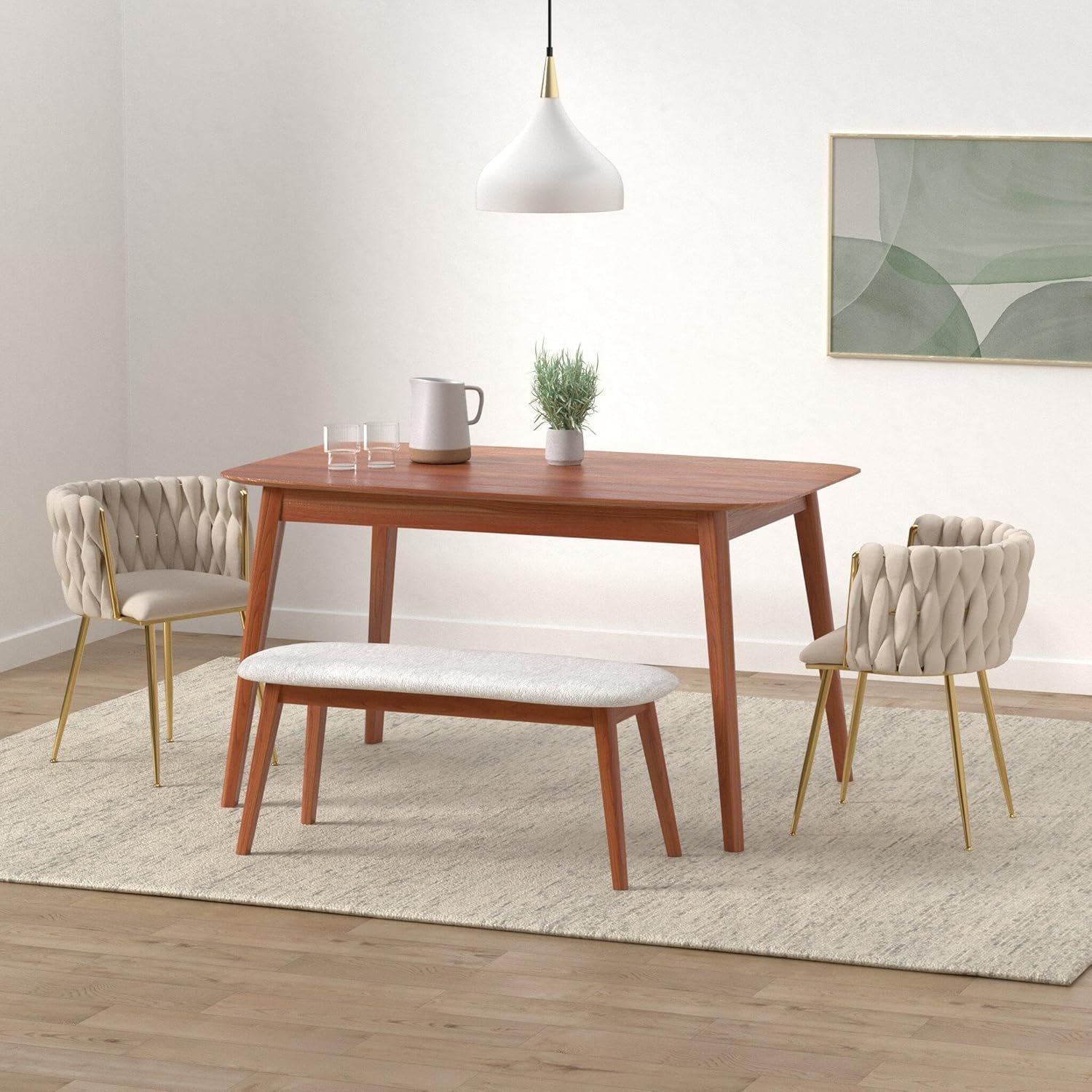 NIOIIKIT Modern Velvet Dining Chairs Hand Weaving Accent Chairs Living Room Chairs Upholstered Side Chair with Golden Metal Legs for Dining Room Kitchen Vanity Living Room (Ivory)