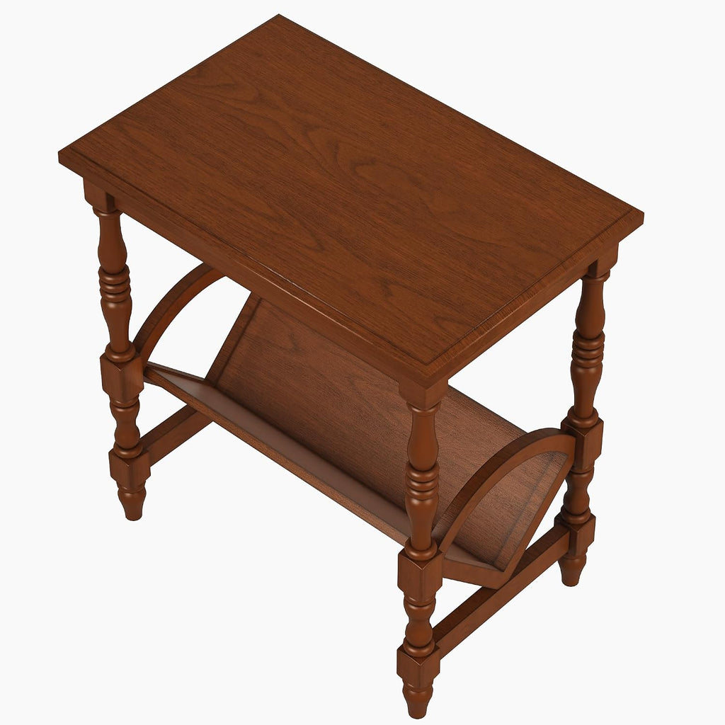 Classic Wooden Side Table with Magazine Rack, End Table with Rubberwood Legs and Birch Veneer Finish, Bedside Table with Storage Shelf for Living Room, Bedroom