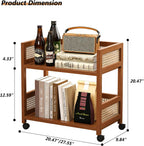 2-Tier Rolling Cart,Open Rattan Bookcase and Bookshelf,Mobile Bookshelf with Wheels,Rolling Storage Cart,for Living Room, Bedroom, Kitchen,Home Office(Rustic Brown)