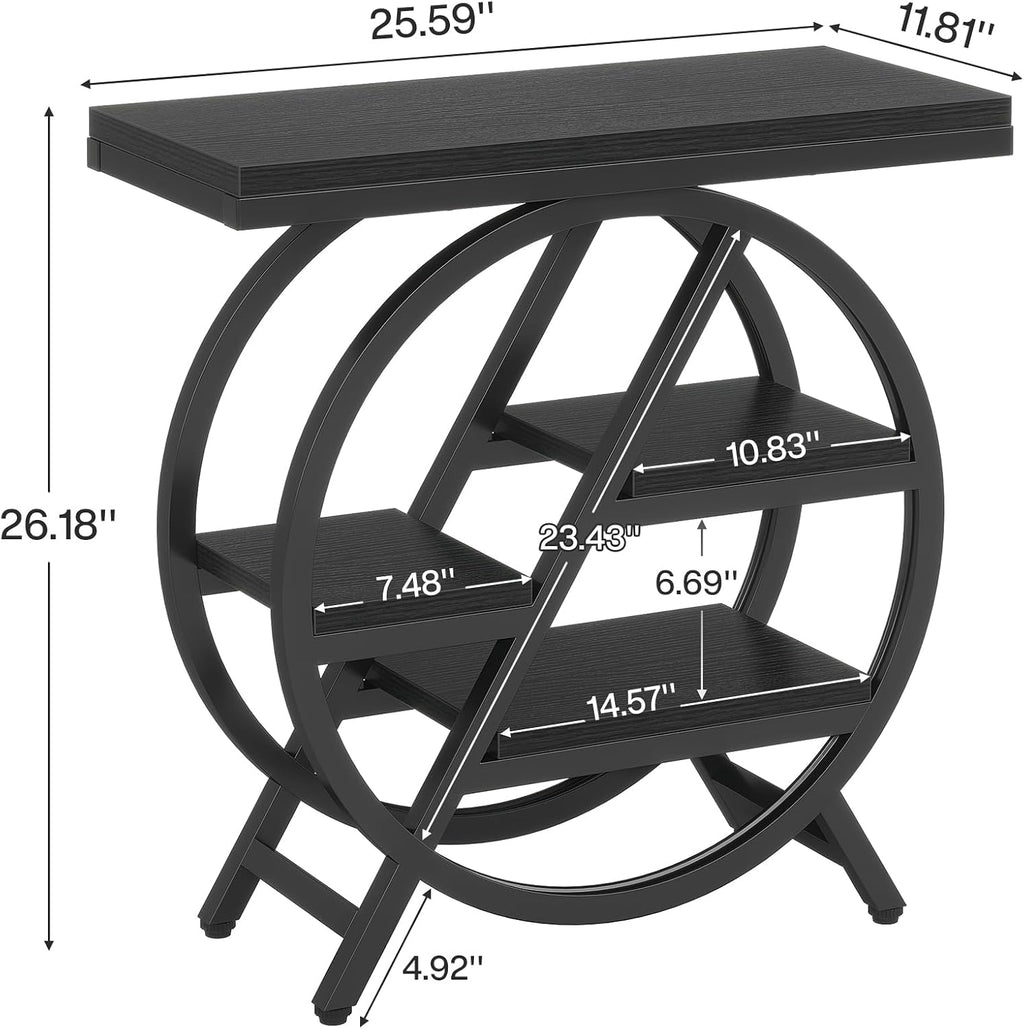 Tribesigns End Table for Living Room, 3-Tier Narrow Side Table with Storage, Wood Sofa Side Table with Geometric Metal Frame, Industrial Nightstand and Bedside Table for Bedroom, Black