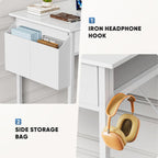 32" Small Gaming Desk with Drawers, Home Office Computer Writing Study Table with Storage Side Bag, Headphone Hook, and Adjustable Feet for Bedroom, White