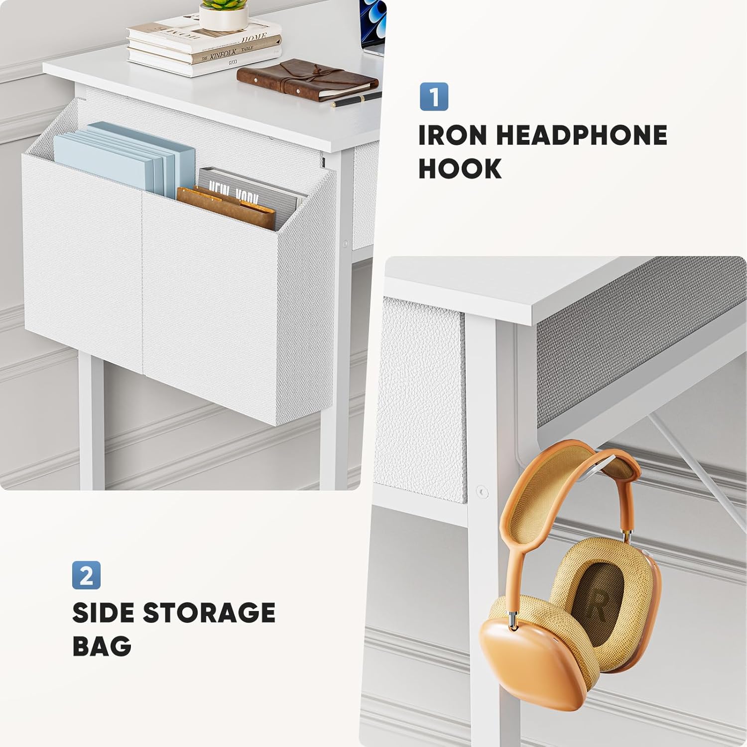 32" Small Gaming Desk with Drawers, Home Office Computer Writing Study Table with Storage Side Bag, Headphone Hook, and Adjustable Feet for Bedroom, White