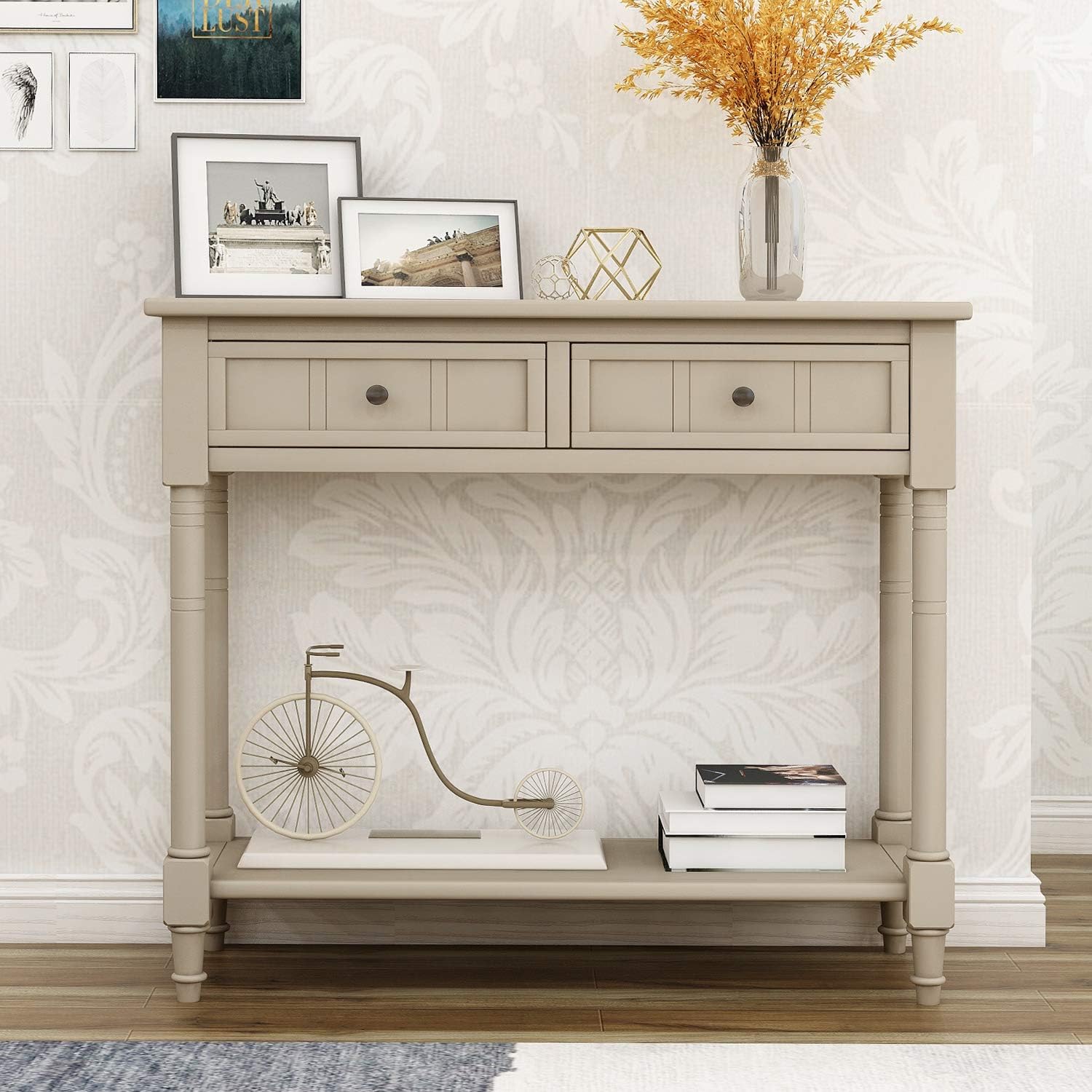 GDFStudio Daisy Series Console Table, Retro Grey Solid Pine Wood Frame with Two Storage Drawers and Bottom Shelf, Traditional Vintage Accent Furniture for Entryway, Living Room, or Dining Room