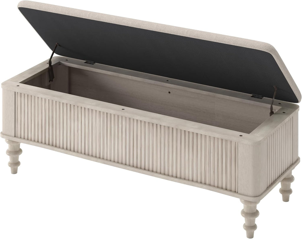 Storage Ottoman Bench 50.8" Rubberwood Linen Beige | Linen Seat, Storage Bench for Bedroom, Entryway Shoe Organizer for Bedroom, Living Room, Entryway, Closet, Beige