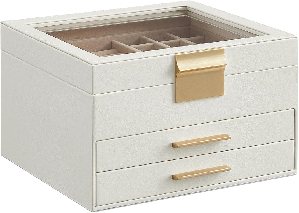 SONGMICS GISELLA Collection - Jewelry Box Organizer, 3-Layer Jewelry Storage with 2 Drawers, Shiny Metal Hardware, Glass Lid, Modern, 8 x 9.1 x 5.3 Inches, Cloud White and Gold Color UJBC239WT