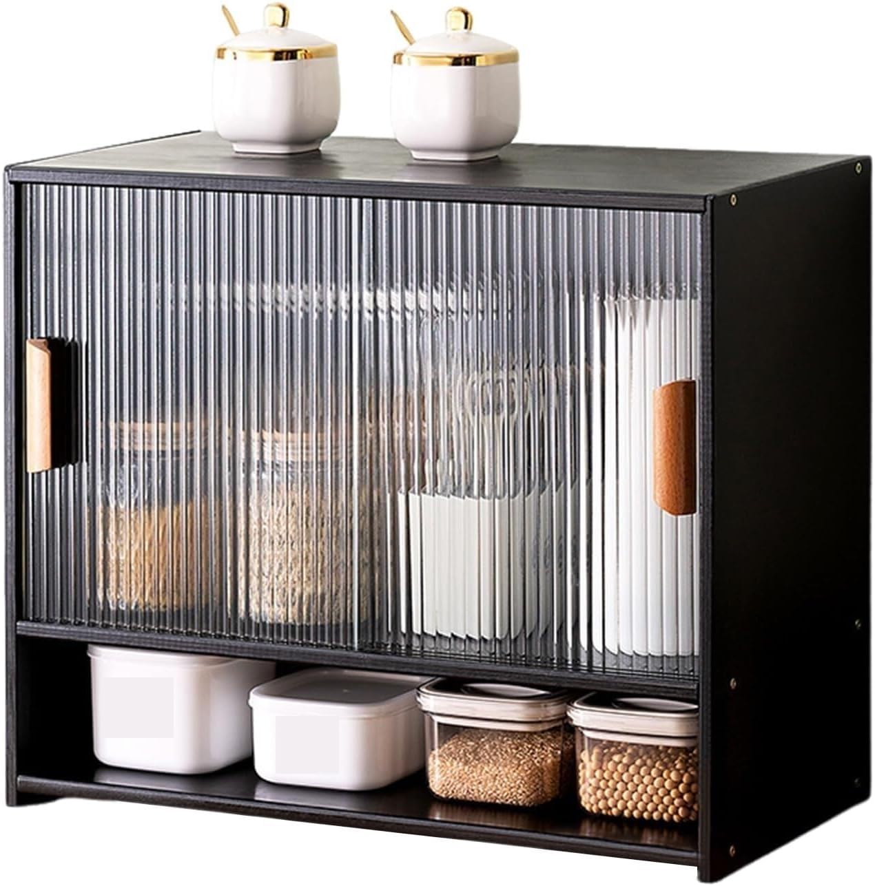 Bamboo Countertop Storage Cabinet Kitchen Pantry with Large Capacity & Acrylic Sliding Door Bread Container for Kitchen Long-Lasting(Black)