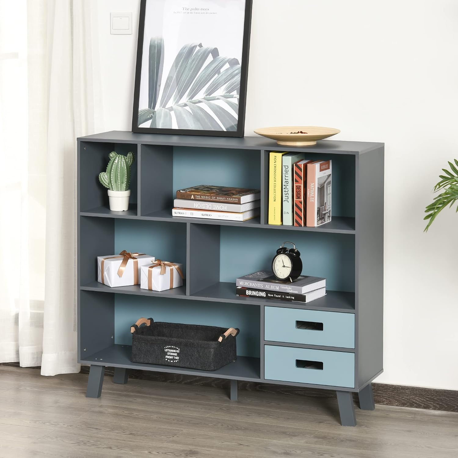 3 Tier Child Bookcase Open Shelves Cabinet Floor Standing Cube Storage Organizer with Drawers Dark Blue