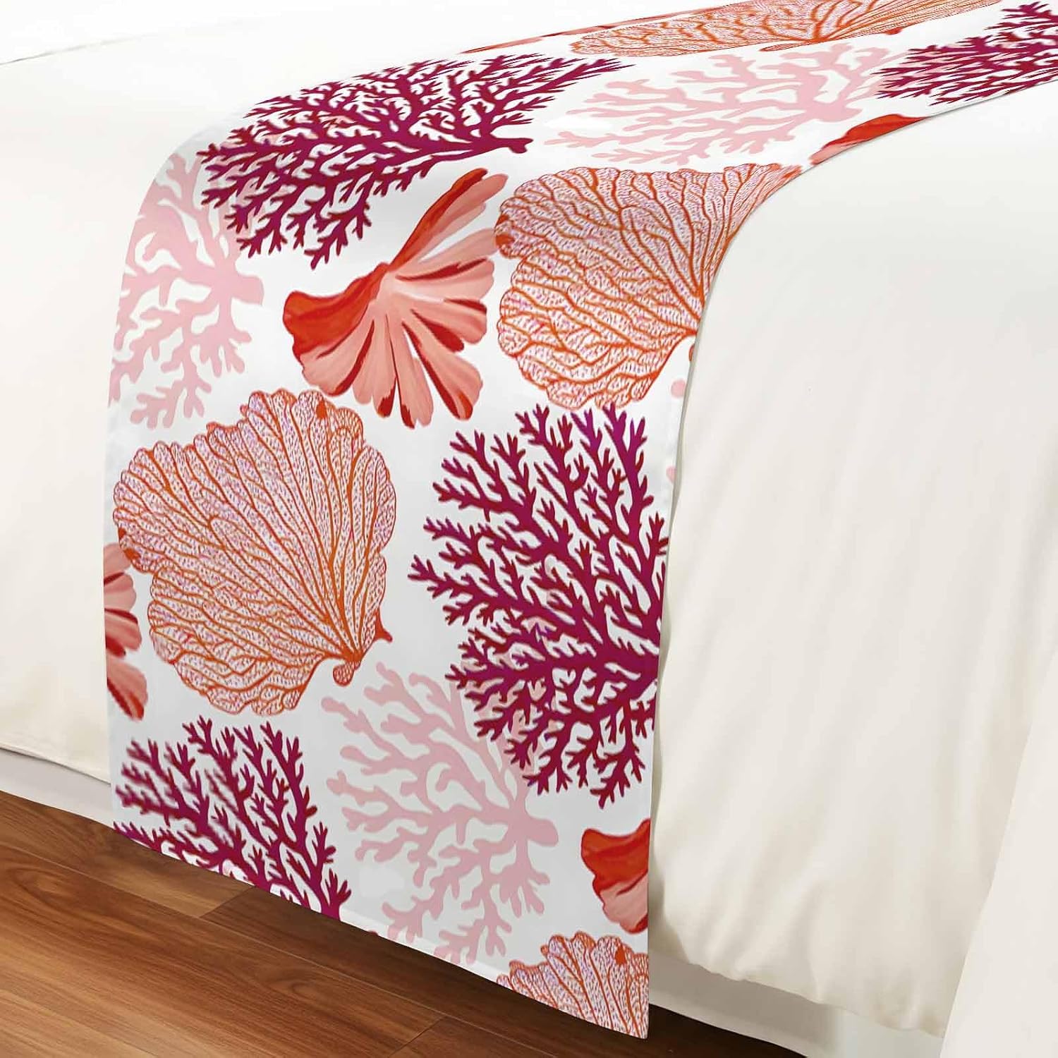 Red Orange Coastal Bed Runner Twin Size, Summer Coral Beach Nautical Bed Scarf Protector Slipcover for Bedroom Wedding Room Hotel, Bedding Runner Throws for Foot of Beds 71"x20"
