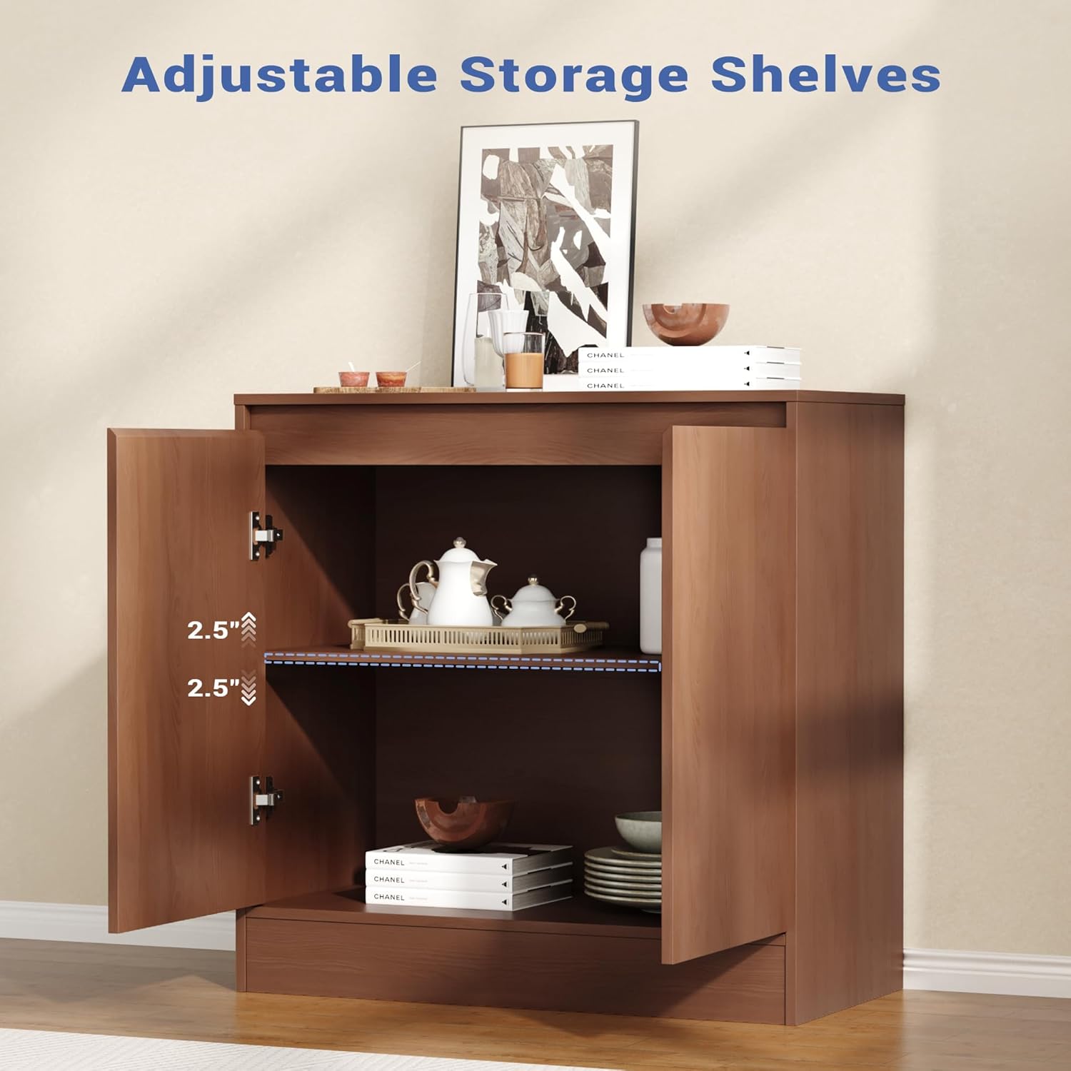 Housoul Buffet Cabinet with Storage, Coffee Bar Cabinet with 2 Doors and Adjustable Shelf, Modern Kitchen Buffet Sideboard for Living Room, Kitchen, Walnut