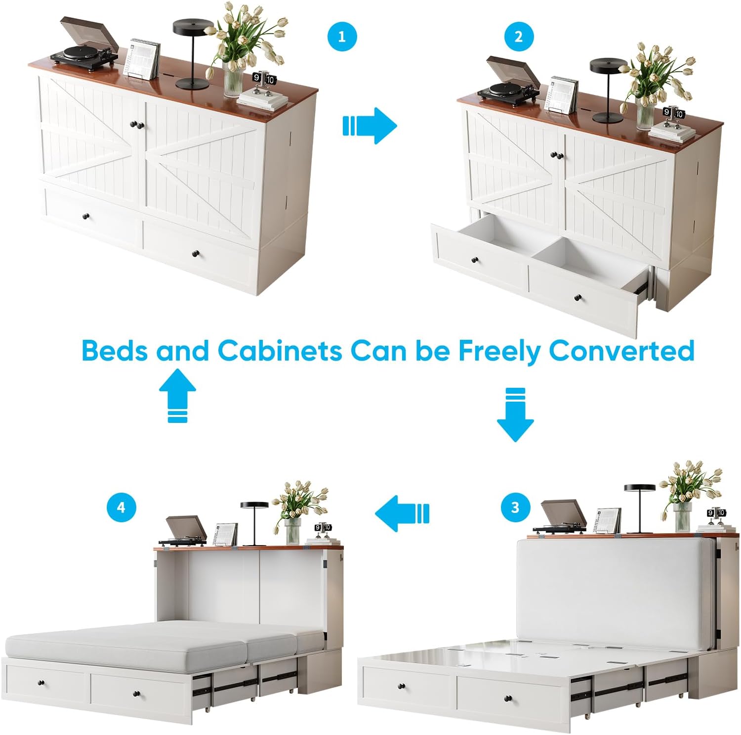 Mjkone Full Murphy Bed Cabinet with Tri-Folding Mattress, Distressed Wooden 57" W Cabinets Wall Chest Beds with Built-in Charging Station & Storage Drawer for Office Guest Bedroom Living Room, White