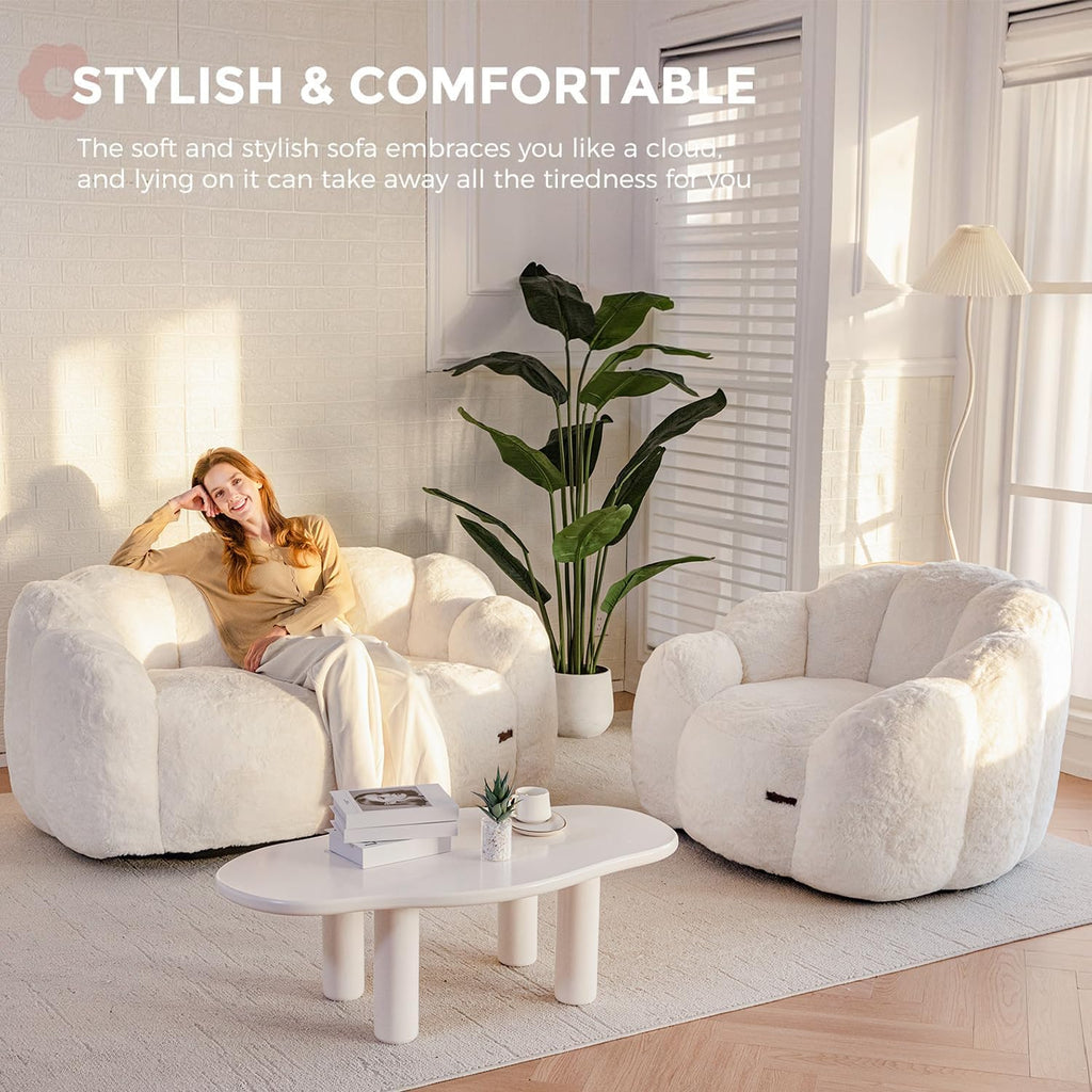 MAXYOYO Bean Bag Chair for Adults, Floral Shaped Bean Bag Sofa, Ultra Soft Faux Fur Floor Sofa, Large Reading Chair for Living Room Bedroom, Beige, Single