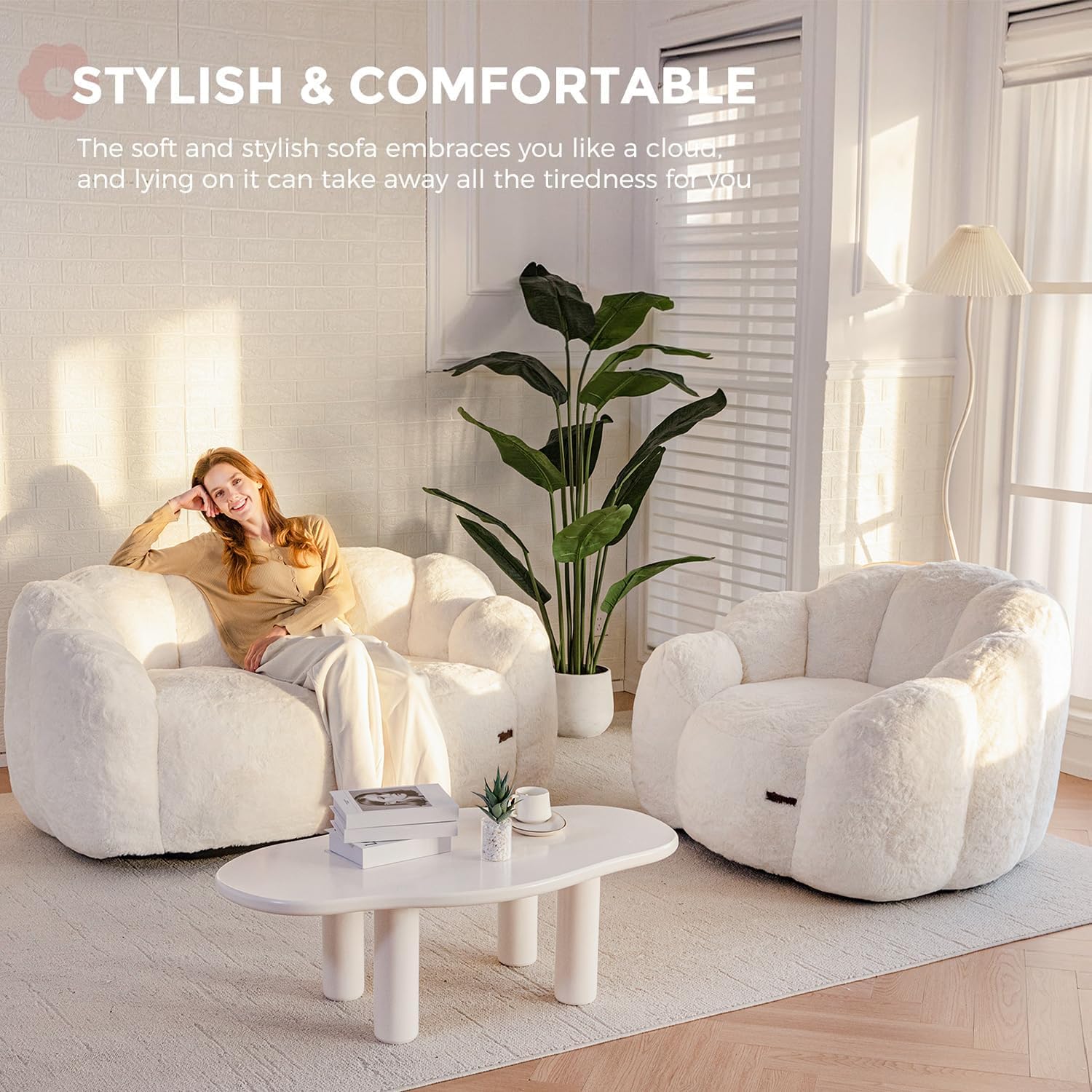 MAXYOYO Bean Bag Chair for Adults, Floral Shaped Bean Bag Sofa | Ultra Soft Faux Fur Floor Sofa, Large Reading Chair for Living Room Bedroom, Beige, Double