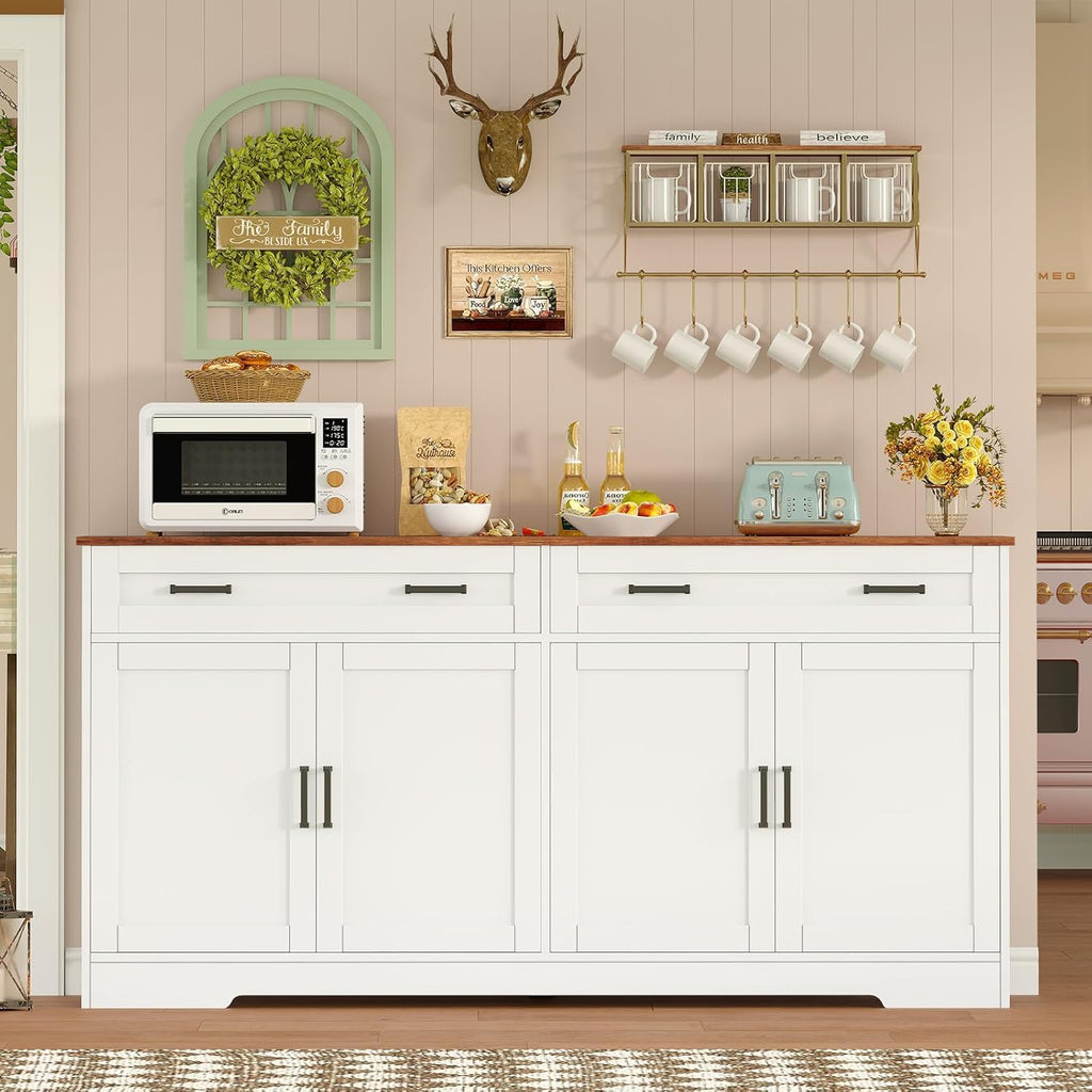 Buffet Cabinet with Storage, Drawers & Adjustable Shelves, 55" Large Sideboard with Doors, Modern Coffee Bar Cabinet for Kitchen or Living Room, White