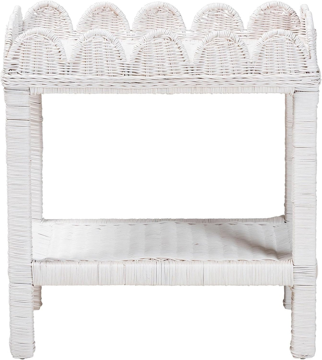 Bali & pari Sumana Natural Rattan Side Table - Handwoven Wicker 2-Tier Accent End Table with Scalloped Tray Top for Living Room, White