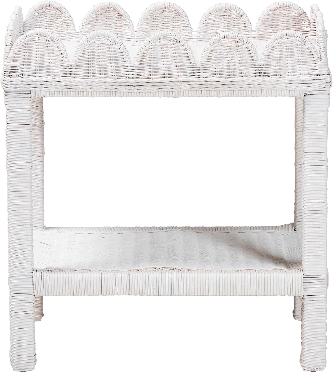 Bali & pari Sumana Natural Rattan Side Table - Handwoven Wicker 2-Tier Accent End Table with Scalloped Tray Top for Living Room, White