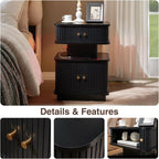 LED Light End Table with Charging Station, Black Smart Mid Century Bedside Table with USB Type A C Ports, Small Fluted Accent Control Nightstand with 2 Sliding Door for Living Room, Curvy Edge