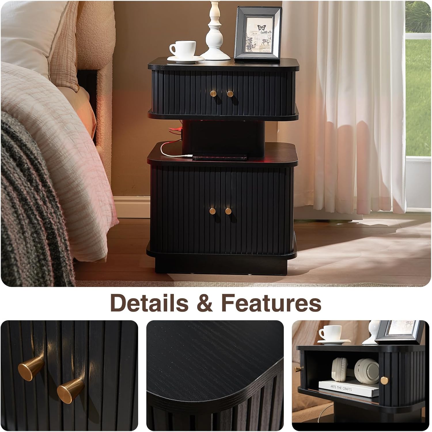 LED Light End Table with Charging Station, Black Smart Mid Century Bedside Table with USB Type A C Ports, Small Fluted Accent Control Nightstand with 2 Sliding Door for Living Room, Curvy Edge
