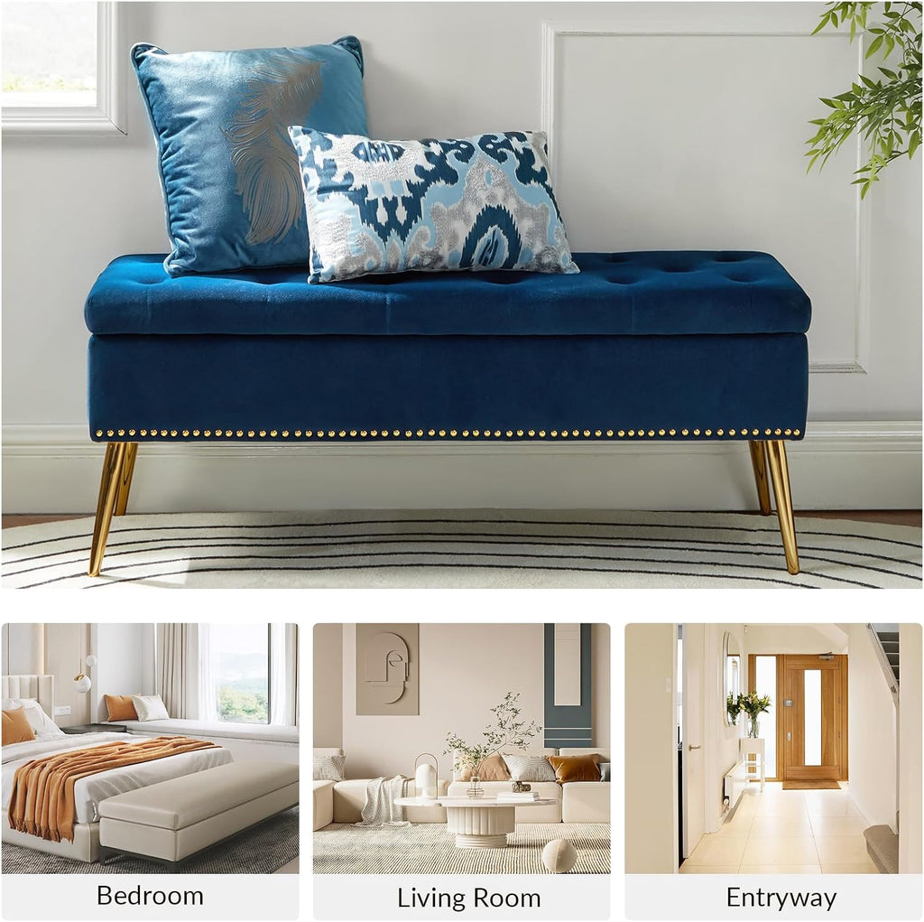 45.5" Luxury Velvet Storage Ottoman Bench with Button Tufted & Nailhead Trim, Upholstered Entryway Benches with Gold Legs, Multi-Functional Footstool for Bedroom End of Bed, Navy
