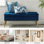 45.5" Luxury Velvet Storage Ottoman Bench with Button Tufted & Nailhead Trim, Upholstered Entryway Benches with Gold Legs, Multi-Functional Footstool for Bedroom End of Bed, Navy