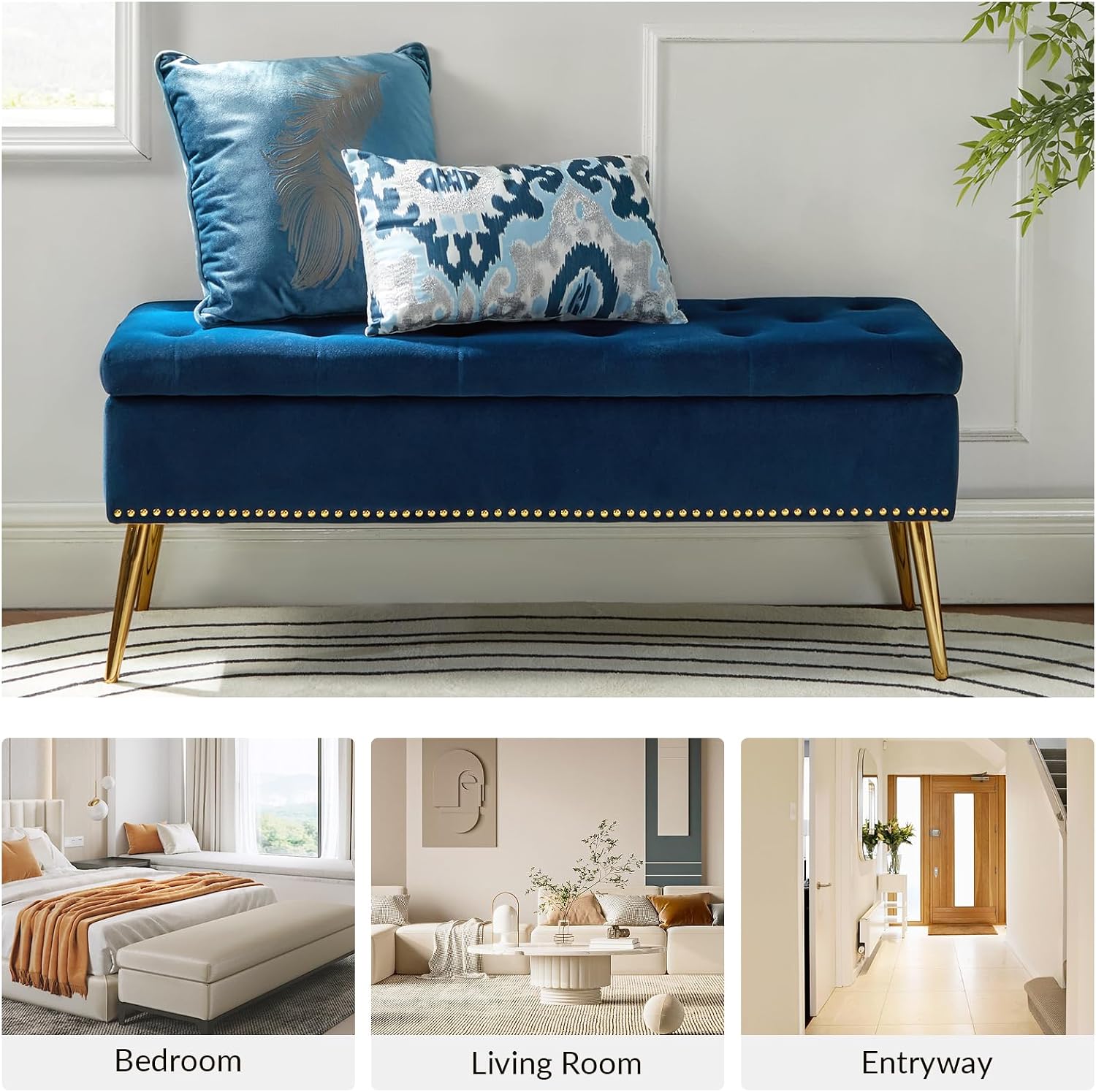 45.5" Luxury Velvet Storage Ottoman Bench with Button Tufted & Nailhead Trim, Upholstered Entryway Benches with Gold Legs, Multi-Functional Footstool for Bedroom End of Bed, Navy