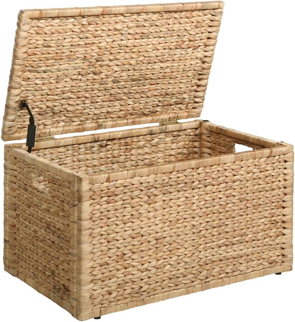 eHemco Water Hyacinth Wicker Storage Trunk with Metal Frame, Decorative Blanket Chest & Storage Box, Farmhouse Woven Storage for Bedroom, Living Room & Entryway, Natural, 30 x 17.5 x 17.5 Inch