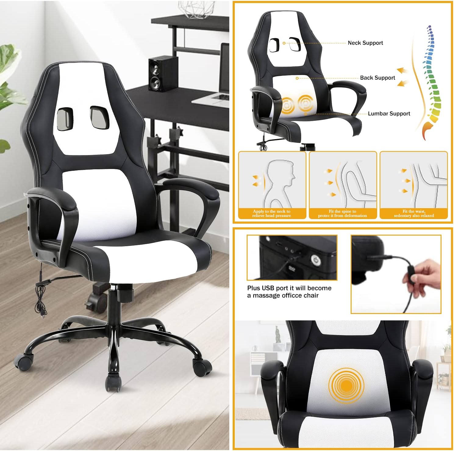 Gaming Chair Ergonomic Office Chair, High Back Racing Desk Chair with Lumbar Support Armrest, Adjustable Massage Reclining Computer Chair PU Leather Executive Task Rolling Swivel Chair for Adults