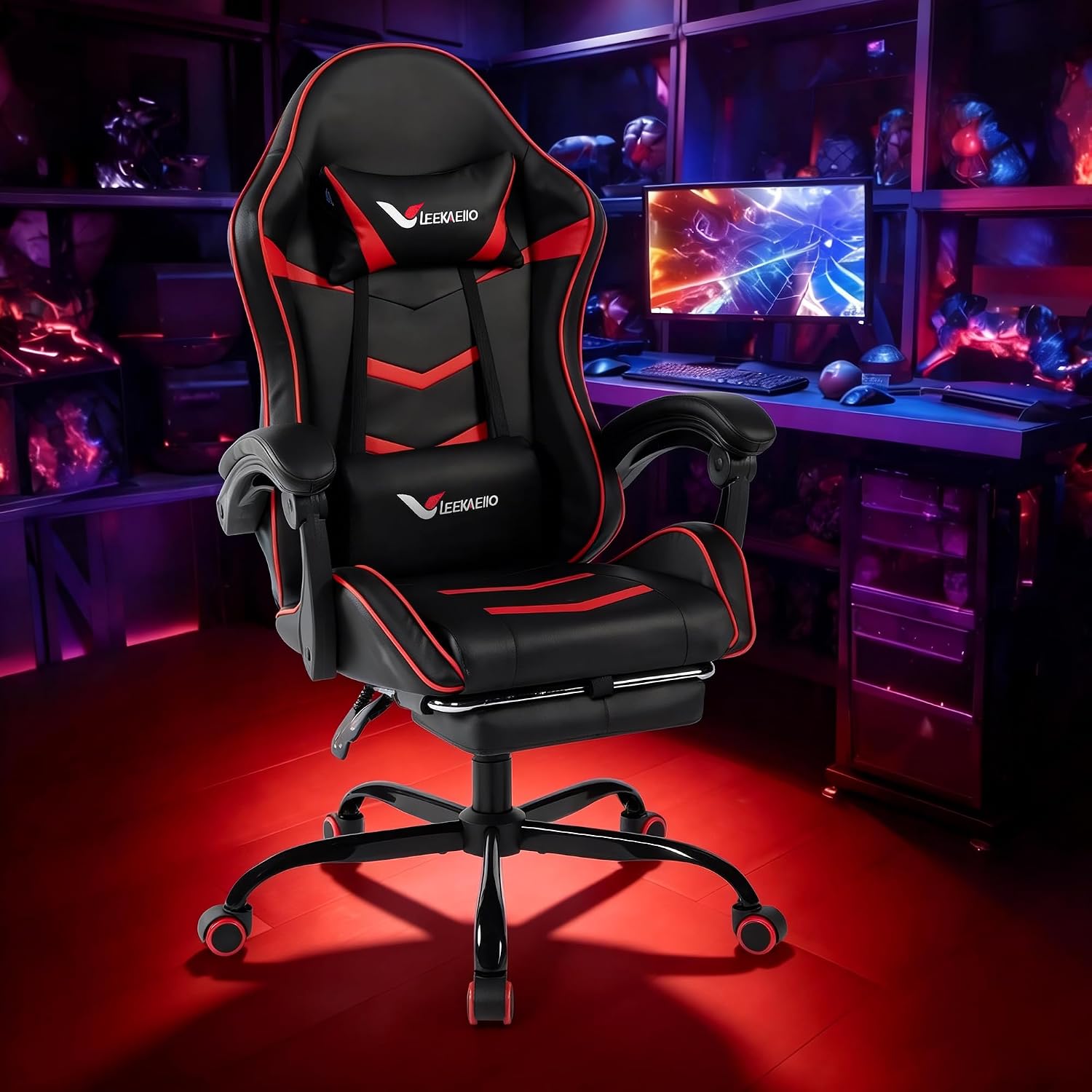 Gaming Chair for Adults, Ergonomic Gamer Chair with Footrest,Pocket Spring Cushion, Computer Office Desk Reclining Chair with Enlarged Metal Base, Linkage Armrests, Lumbar & Headrest Black & Red