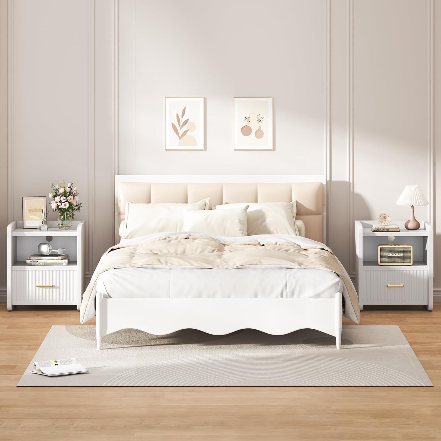 Night Stand with Charger Station - Modern Wood Nightstand with Drawer Storage, Fluted Wide Nightstands Bedside Table, Mid Century Night Stands for Bedroom Home Office Sofa, White