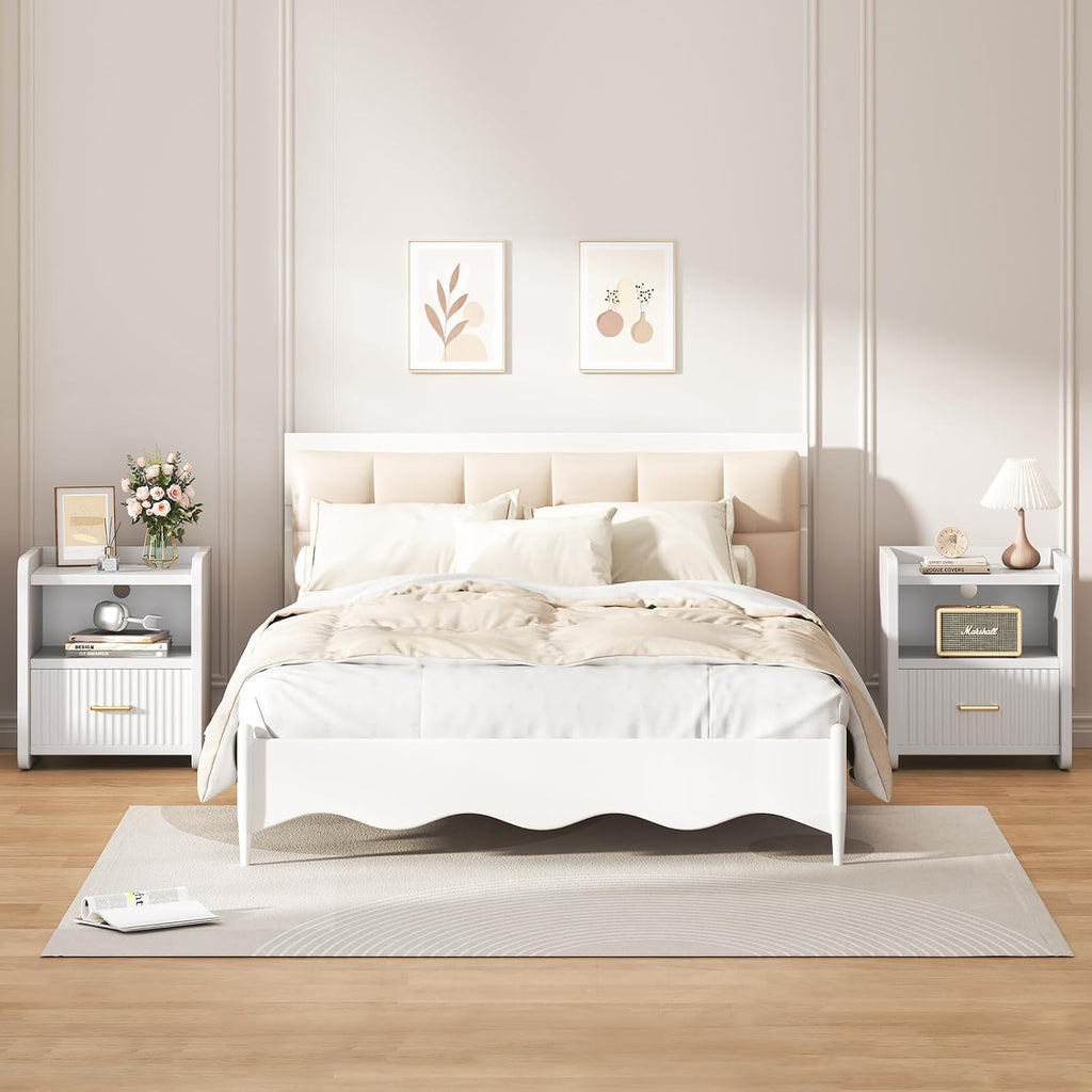 Night Stand with Charger Station, Fluted Wood Nightstand with Drawer Storage, Modern Bedside Table, Wide Nightstands for Bedroom, Mid Century Wooden Night Stands for Home Office Sofa Couch