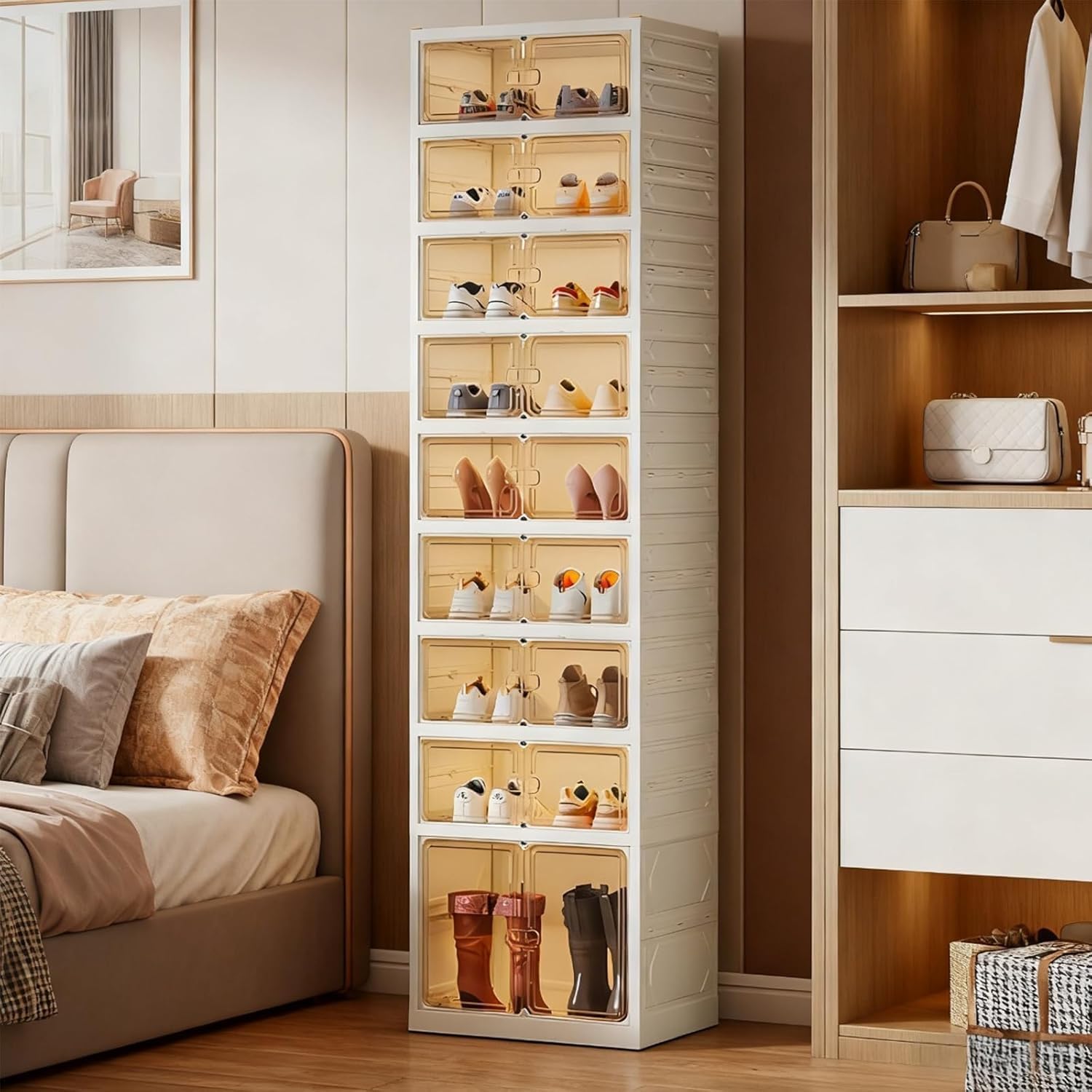 UFORU 9 Tiers 18 Pairs White Foldable Shoe Rack Organizer with Magnetic Doors,Shoe Storage Organizer for Closet Entryway,Large Dust-Proof Shoe Storage Boxes,Easy Assembly Storage