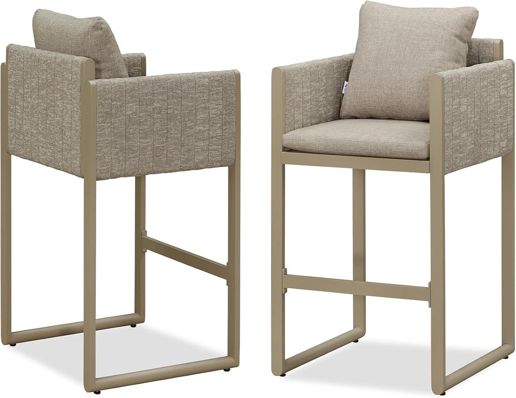 PURPLE LEAF Outdoor Bar Height Stools Set of 2 Aluminum Bar Chairs Modern Olefin Weaving Barstools with Backrest Pillow for Outdoor or Indoor Garden Balcony Lawn Champagne
