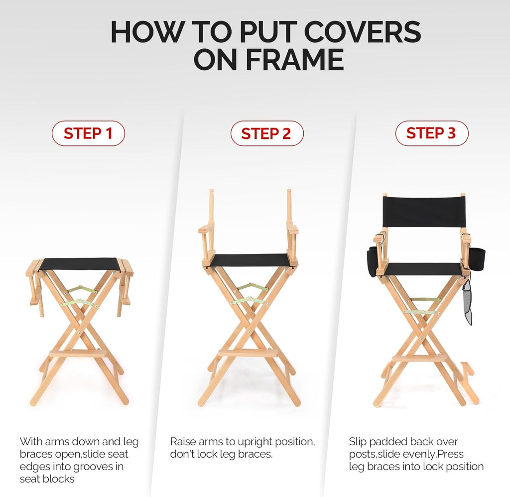 OmySalon 31" Extra Tall Directors Chair - Portable Folding Makeup Chair with Storage Bag & Footrest, Professional for Salon/Outdoor/Craft Shows, 250lbs Capacity (Black/Natural Frame)
