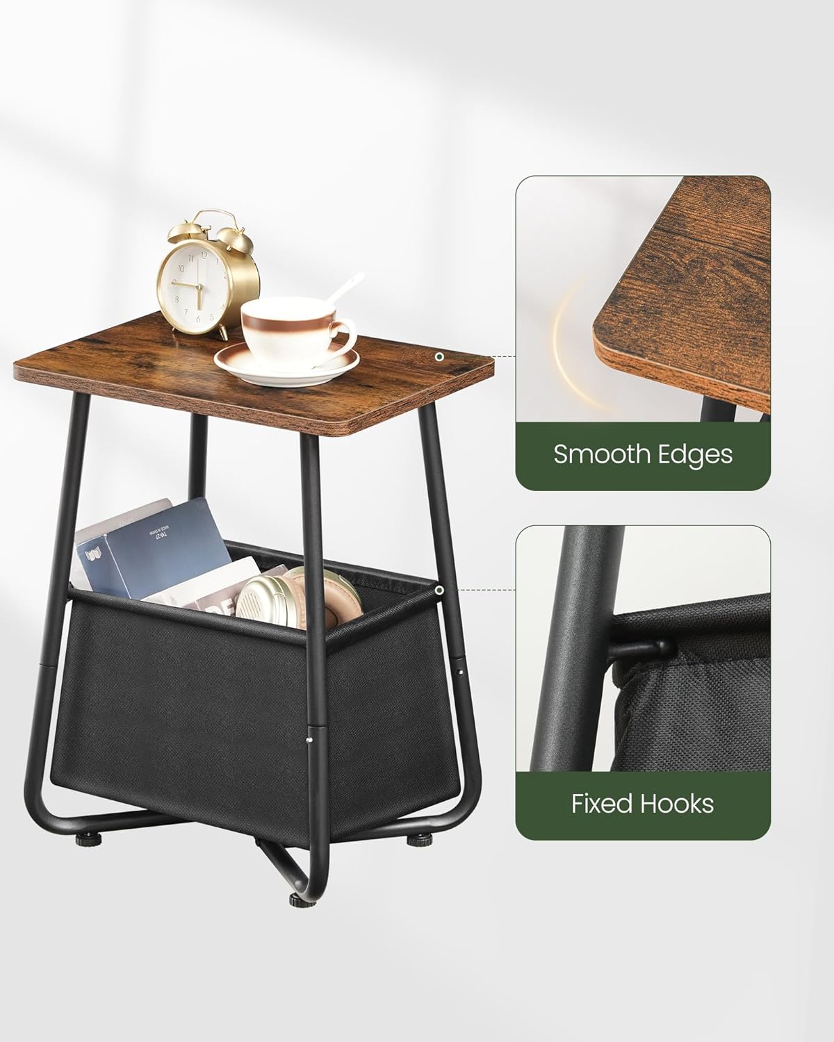 CHOEZON Nursery Side Table with Removable Fabric Basket, Small Side Table for Small Spaces, Nursery Nightstand for Couch, Bedroom, Living Room, Rustic Brown TBZ13BF