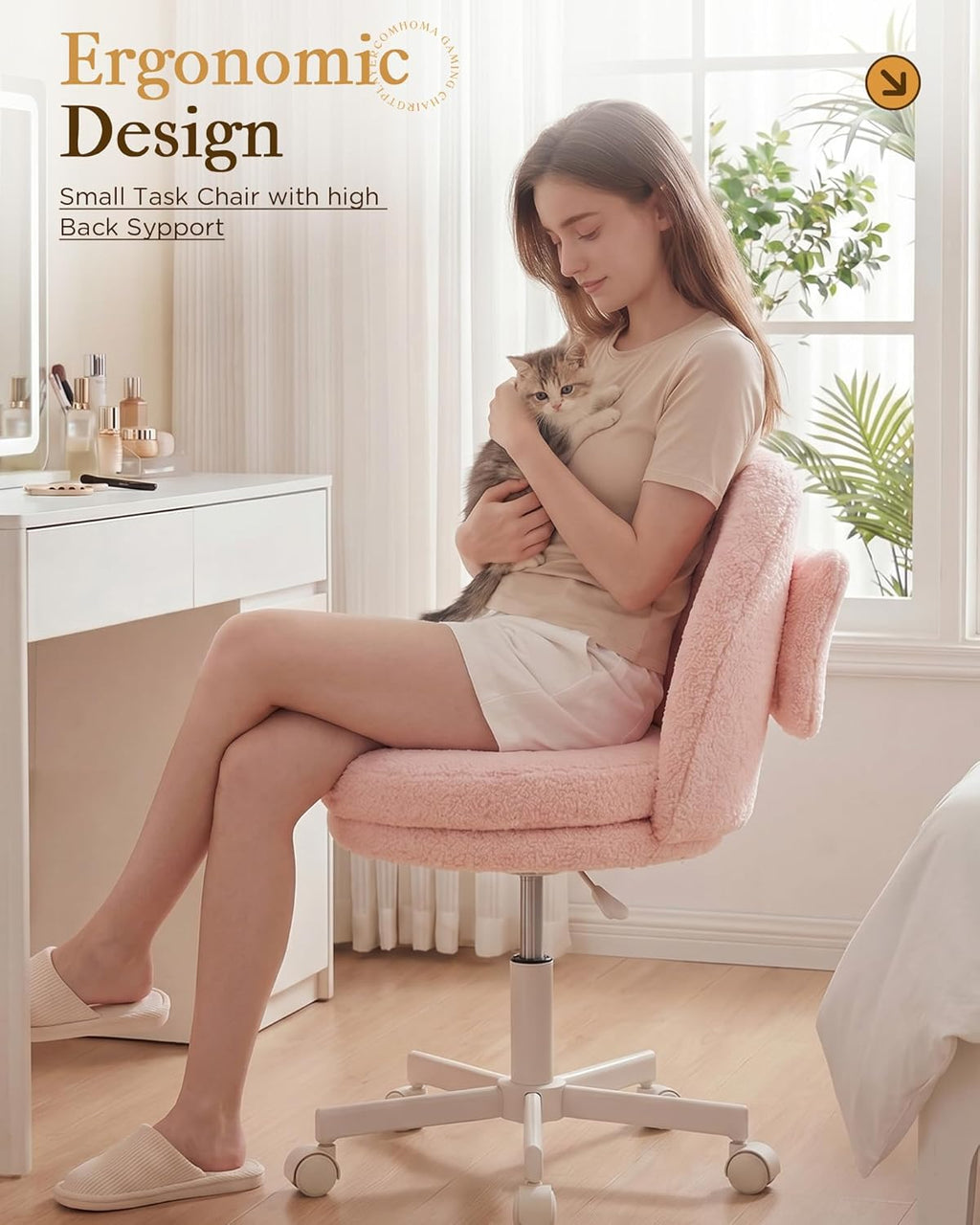 COMHOMA Vanity Chair with Wheels Velvet Tall Office Chair with Back,Armless Desk Chair Comfy Height Adjustable, Soft Lumbar Support for Girls Bedroom Home Vanity Bow Pillow for Gift Pink