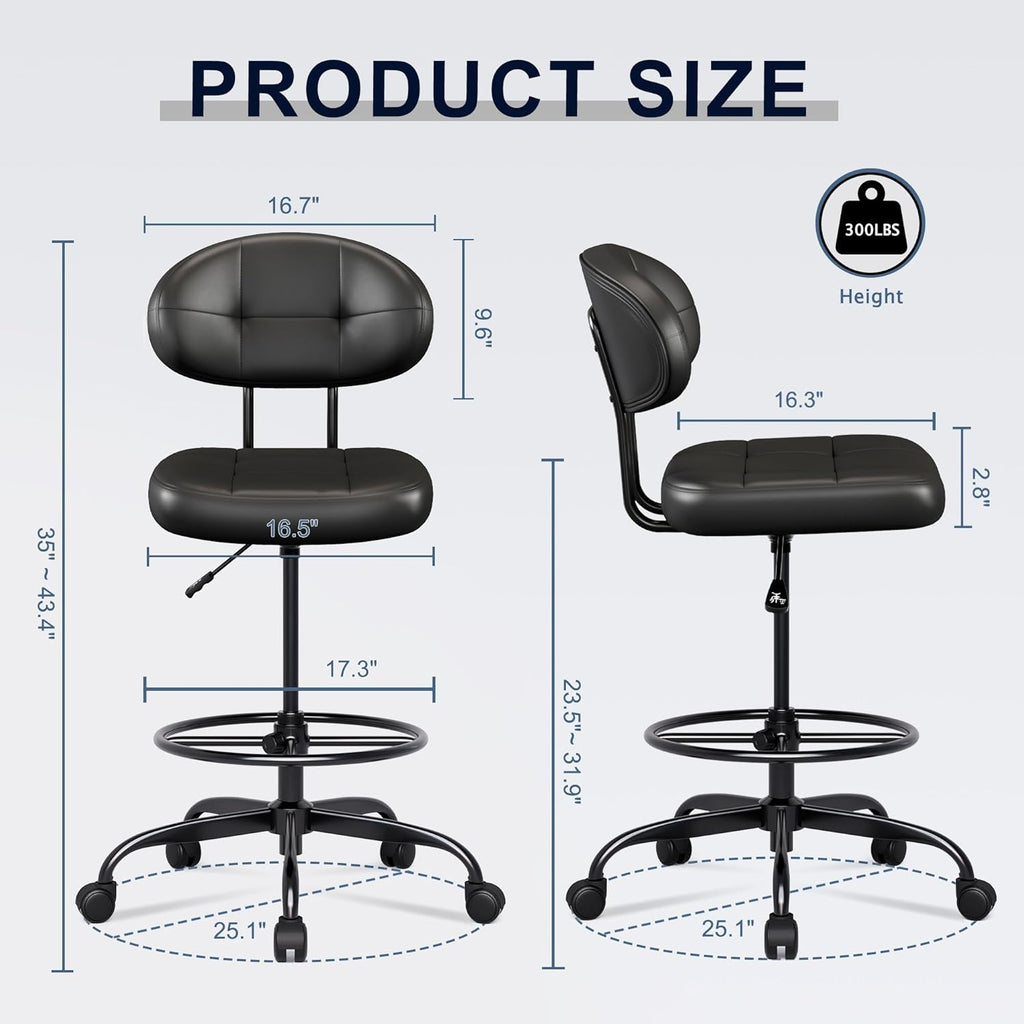 Misolant Drafting Chair Without Arms, Tall Office Chair with Footrest Ring for Standing Desk, Small Faux Leather Executive Office Chair with Adjustable Height for Bar Lab Counter Height Desk, Black