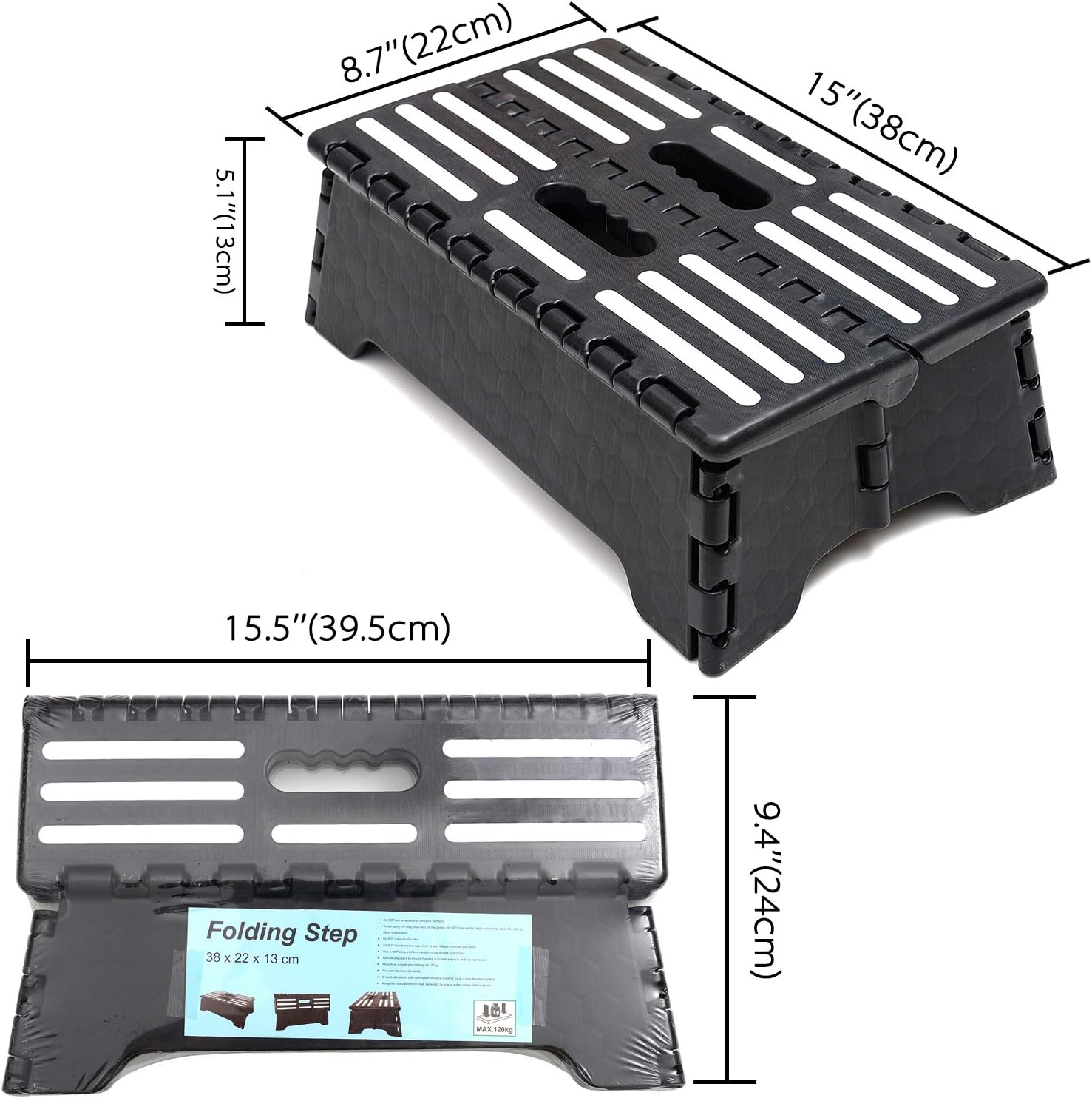 5 Inch Folding Step Stool - Portable Step Stool for Adults - Stepping Stool for Car, Kitchen & Bathroom with Handle, Black